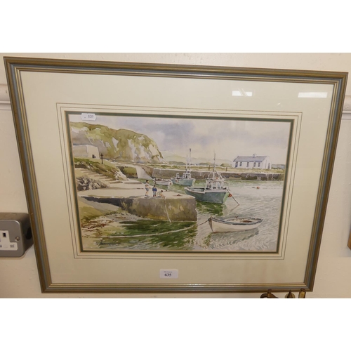 635 - Framed Watercolour - Harbour Scene with Boys Fishing in Foreground, signed Hassan, measuring approx ... 