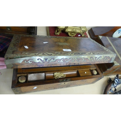 637 - 19th Century Figured Walnut Brassbound Portable Writing Slope, measuring approx 50 x 25 x 17cm.