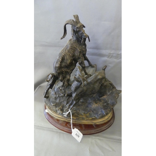 639 - Reproduction Cast Metal Animal Group - Mountain Goats on Oval Base, approx 30cm tall.