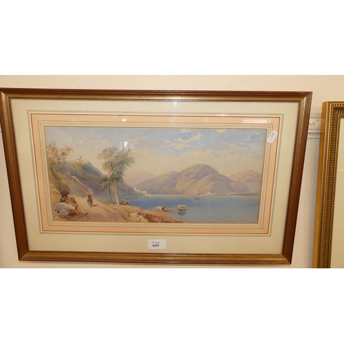 645 - Framed Watercolour, Italian Lake Scene, Unsigned, measuring approx 43 x 19cm.