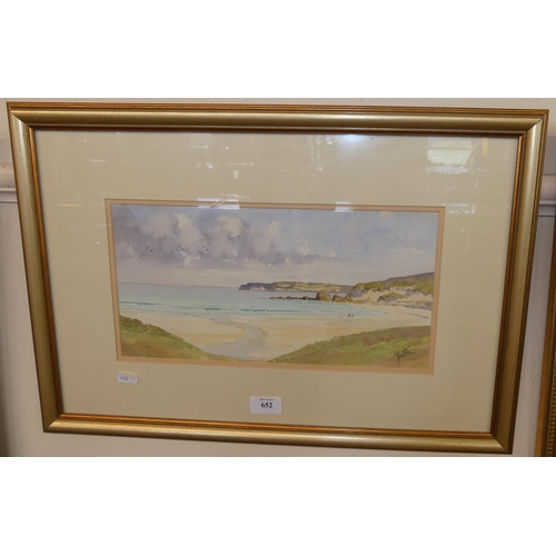 652 - Framed Watercolour - Beach Scene, Indistinct Signature, measuring approx 36 x 18cm.