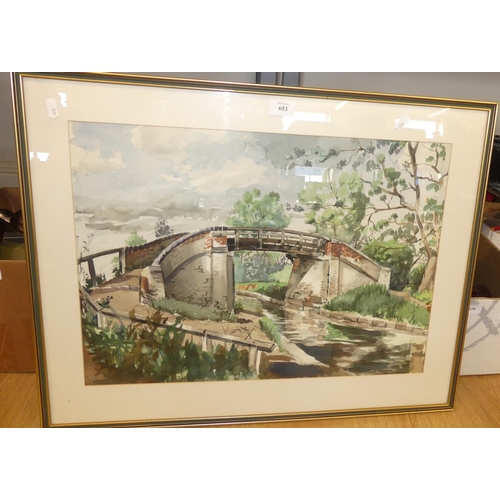 653 - Framed Watercolour - Canal Bridge, Unsigned, measuring approx 58 x 41cm.