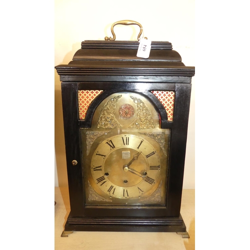 654 - Bracket Clock - Ebonised Case, Musical Movement, Brass Handles, stands approx 42cm tall.