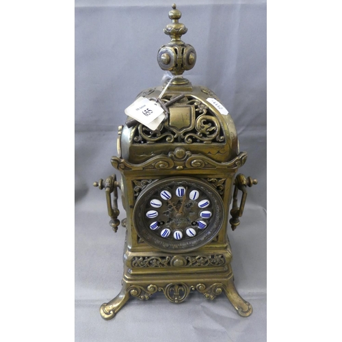 655 - Reproduction Brass Mantel Clock, The Domed Top above a Brass Face with Blue & White Enamel Mounted C... 