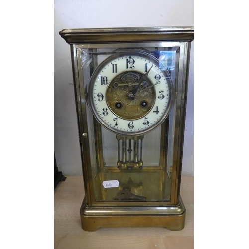 660 - Brass Mantel Clock, Bevelled Glass Sides, Enamel Chapter Ring, Arabic Numerals, standing approx 30cm... 