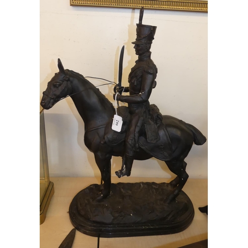 662 - Cast Metal Cavalry Soldier on Horseback, supported on oval Shaped Marble Base, standing approx 56cm ... 