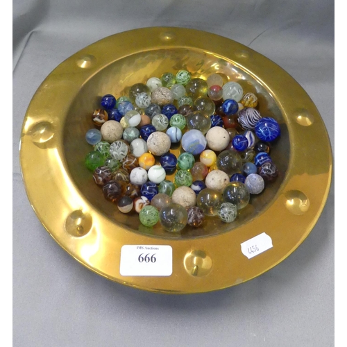 666 - Brass Bowl & a Collection of Vintage Glass Marbles.