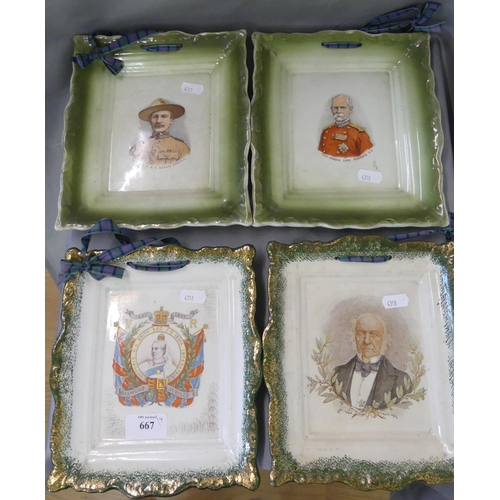 667 - Four Victorian Commemorative Pottery Plaques - Lord Robert, Gladstone, Baden Powell & Queen Victoria... 