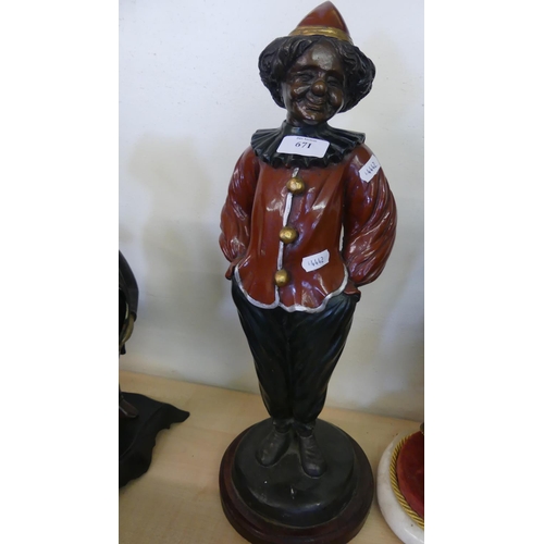 671 - Painted Cast metal Figure of a Clown, Standing approx 50cm tall.