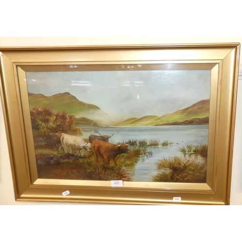 672 - Framed Oil Painting - Highland Cattle by Loch Signed J.S, measuring approx 54 x 34cm.