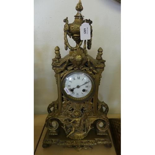 685 - Brass Mantel Clock, Urn Shaped Finial above a Circular White Enamel Dial with Roman Numerals, the pi... 