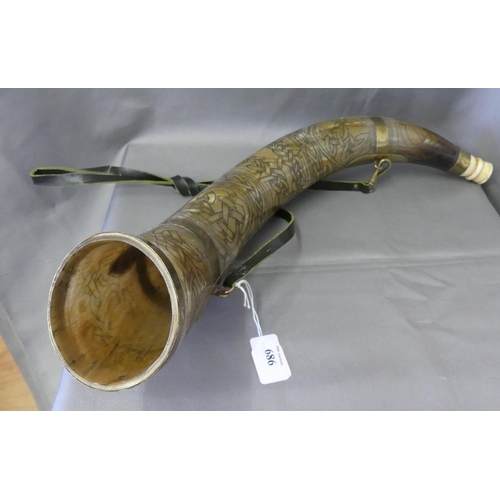 686 - Carved Hunting Horn, Celtic Design, Brass Mounts with Turned Bone Mouthpiece.