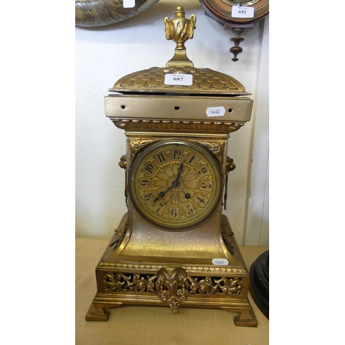 687 - Large Victorian Cast Metal Mantel Clock, Domed Top above a Circular Dial with Arabic Numerals, Centr... 