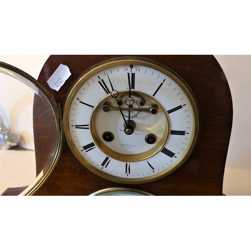 643 - Mahogany Mantel Clock, Potonie Lyon Paris, White Enamel Dial with Roman Numerals above a Subsidiary ... 