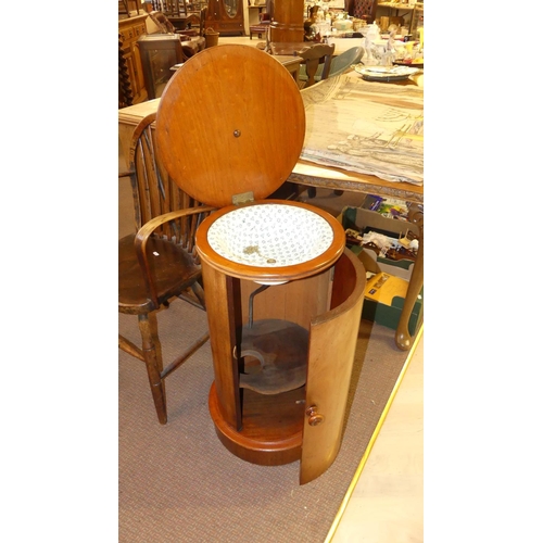 1225 - Victorian Cylindrical Mahogany Pot Cupboard with White Marble Inset Top, lid opening to reveal a tra... 