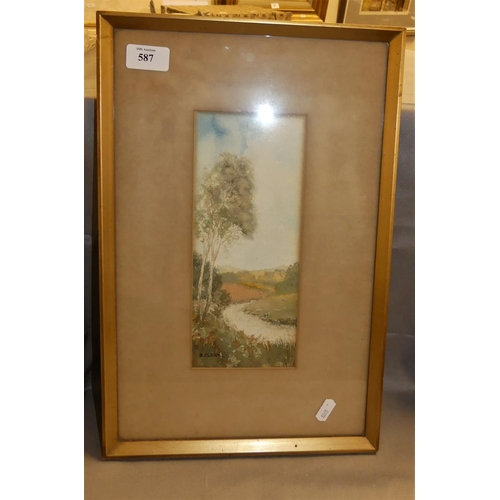 587 - Framed Watercolour - River Landscape Signed D Clark, measuring approx 10 x 25cm.