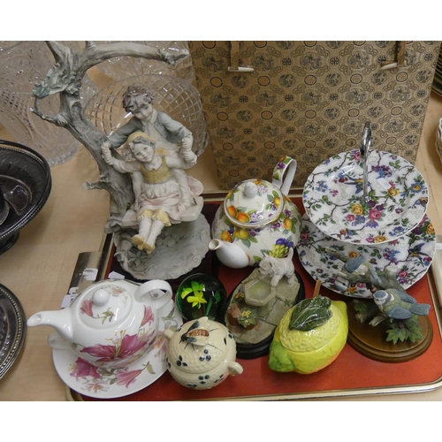 599 - Tray Lot - Midwinter Cakestand, Porcelain Figure, Teapots etc.