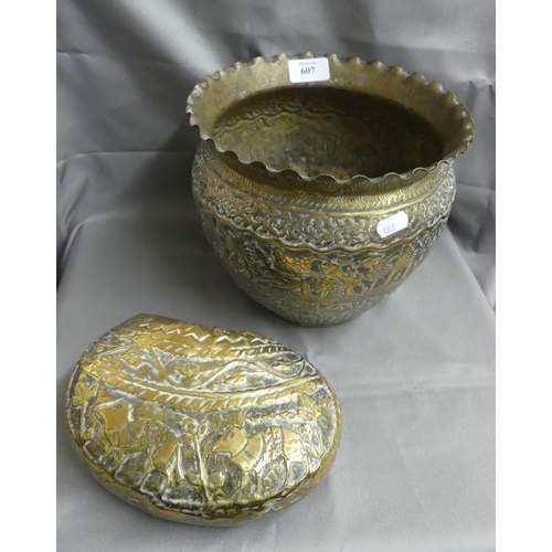 607 - Eastern Brass Planter & Vase.