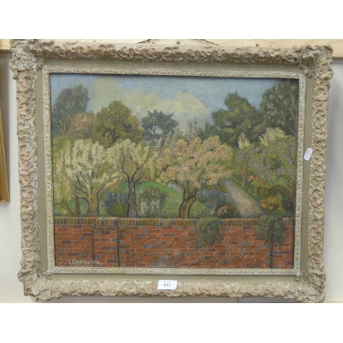 613 - Framed Oil on Canvas - Study of a Walled Garden, Indistinct Signature.