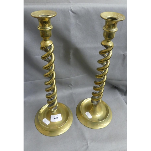 615 - Pair of Brass Spiral Helix Candlesticks, standing approx 35cm tall.