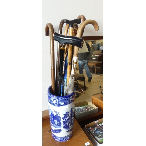156 - Ceramic Blue & White Stick Stand & Contents