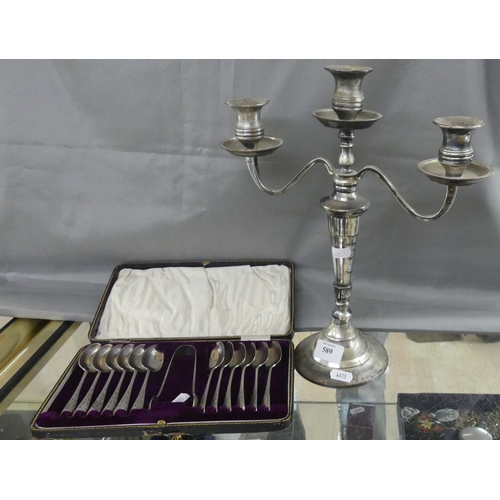 589 - EP Two Branch Candelabra and Cased Set of 12 Teaspoons and Sugar Tongs