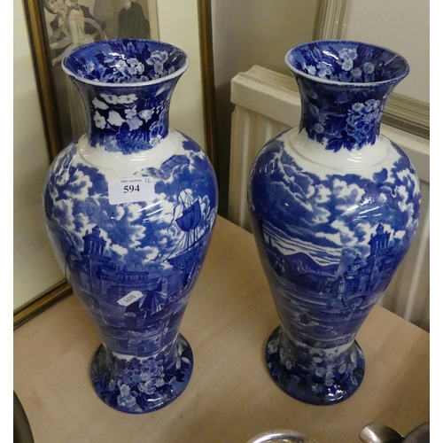 594 - Pair of Wedgwood Ferrara Pattern Blue & White Vases 38cms Tall