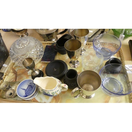 598 - Tray Lot - Crystal Table Lamp Shade, EP Goblets, Masons Jug etc.