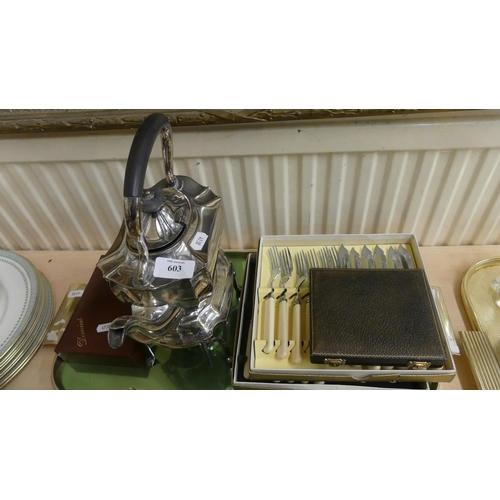 603 - EP Spirit Kettle & Stand & Boxes Assorted Cutlery