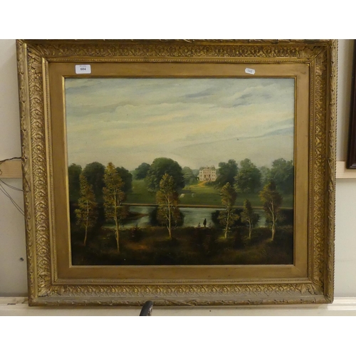 604 - Framed (Unsigned) Oil On Board - Parkland Scene with Lake and  Mansion House in Background. 60 x 50c... 