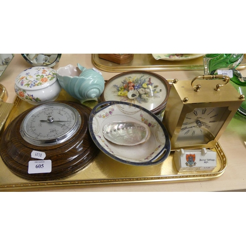605 - Tray Lot - Barometer, Avia Clock, Noritake Bowl etc