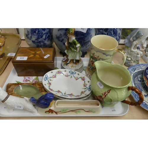 612 - Tray Lot - Mahogany Box, Carlton ware Jug, Musical Tankard