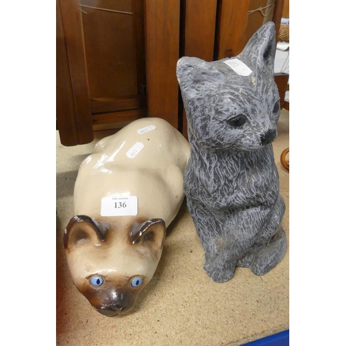 136 - 2 Reconstituted Stone Cat Garden Ornaments