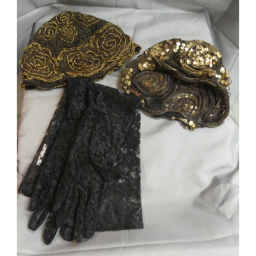 920 - Two Vintage Flapper Skull Caps, Pair of Long Black Lace Gloves.