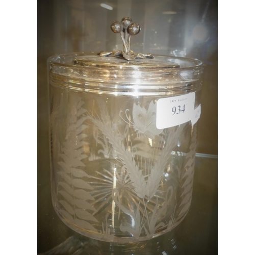 934 - Glass Biscuit Barrel with Silver Plated Lid C1900.