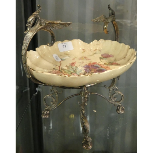 937 - Victorian Silver Plated Dish Stand with Elegant Swan Handles.