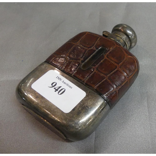 940 - Antique Glass Spirits Flask with Leather Covering and EP Mounts.