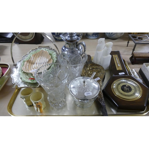 994 - Tray Lot - Barometer, Bellows, Pair of Crystal Vases, EP ware etc.