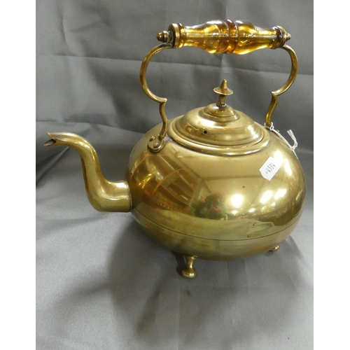 997 - Vintage Brass Kettle with Amber Glass Handle.