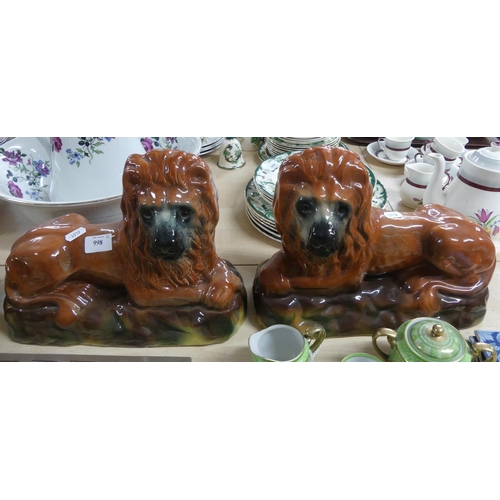 998 - Pair of Antique Boness Recumbent Pottery Lions.