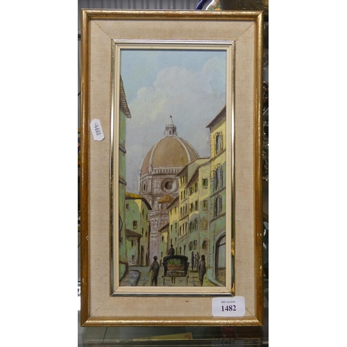 1482 - Framed Oil on Board - Italian Street Scene, Unsigned - 13 x 28cms