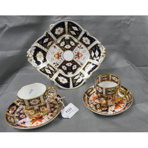 1524 - Royal Crown Derby Imari Lozenge Shaped Shallow Dish & Two Similar Cups & Saucers.