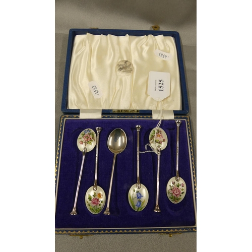 1525 - Set of Six Enamelled Birmingham Silver Coffee Spoons in Fitted Case.