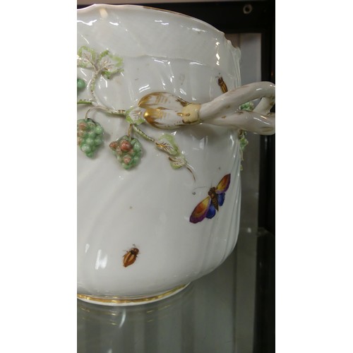 858 - Meissen Augustus Rex Jardinere - painted with colourful exotic birds and insects, Vine handles (AF).