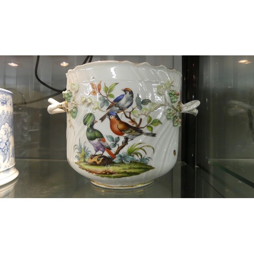 858 - Meissen Augustus Rex Jardinere - painted with colourful exotic birds and insects, Vine handles (AF).