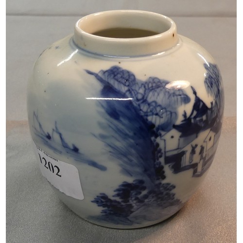 1202 - Chinese B & W Porcelain Jar & Cover, painted with fishing village, figures etc (Lid AF).