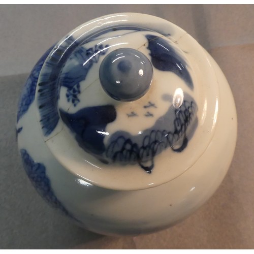 1202 - Chinese B & W Porcelain Jar & Cover, painted with fishing village, figures etc (Lid AF).