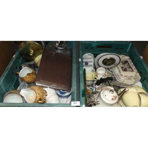 592 - 2 Boxes of Assorted China, Metal ware etc