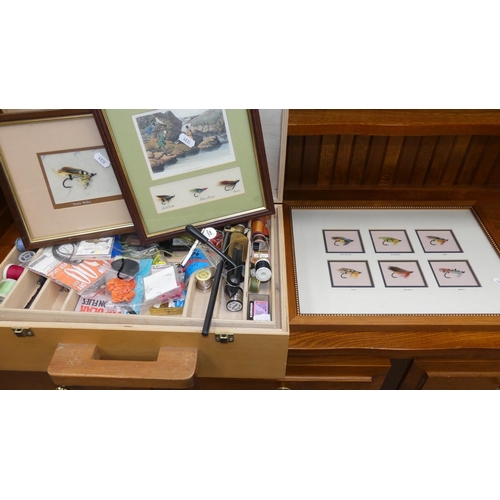 1879 - Box (Gordon Griffiths) Fishing Tackle & Three Framed Fishing Fly Pictures.