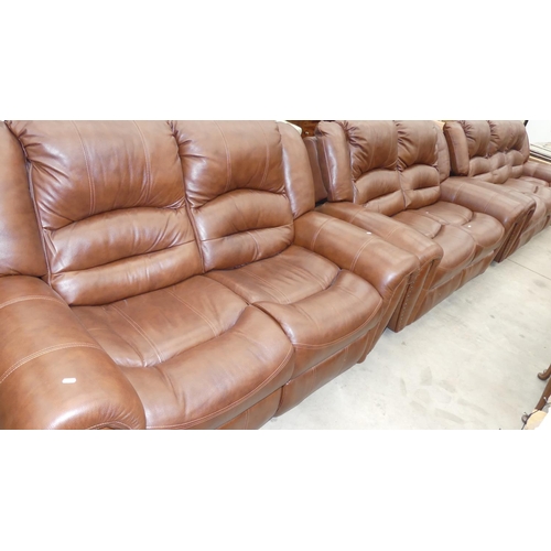 2095 - Mid Brown Leather Reclining Lounge Suite Comprising of Three Seater Settee & Two Two Seaters.